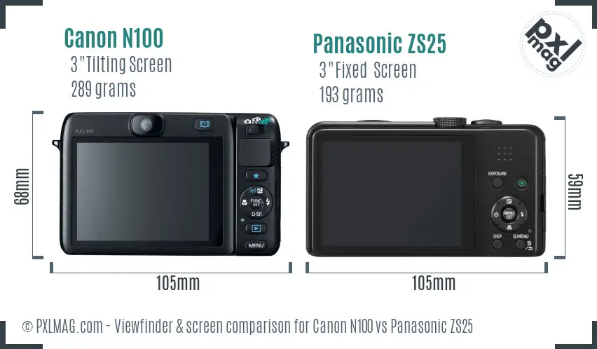 Canon N100 vs Panasonic ZS25 Screen and Viewfinder comparison