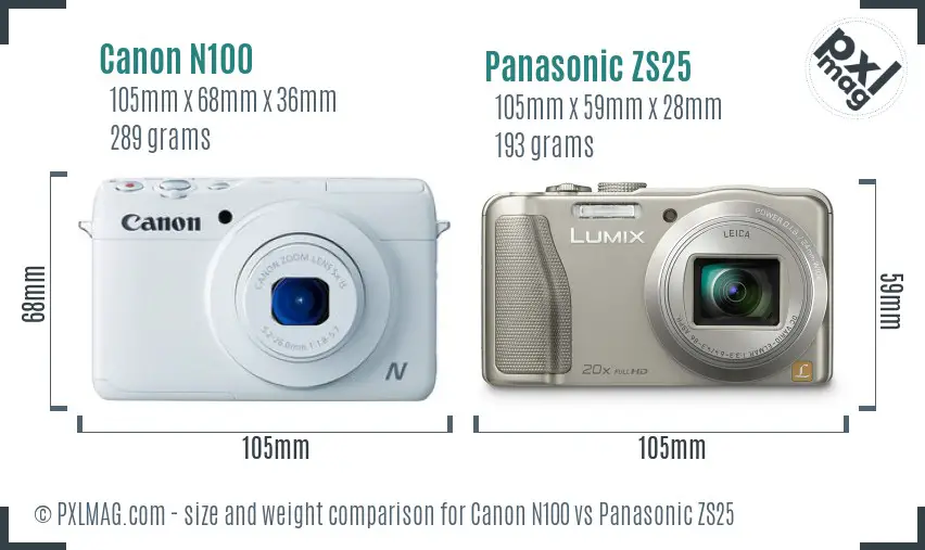 Canon N100 vs Panasonic ZS25 size comparison