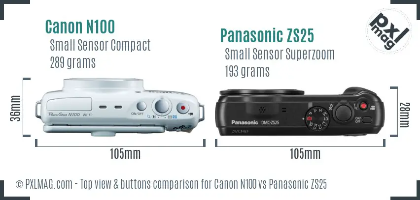 Canon N100 vs Panasonic ZS25 top view buttons comparison
