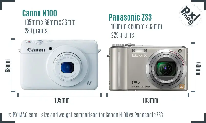 Canon N100 vs Panasonic ZS3 size comparison