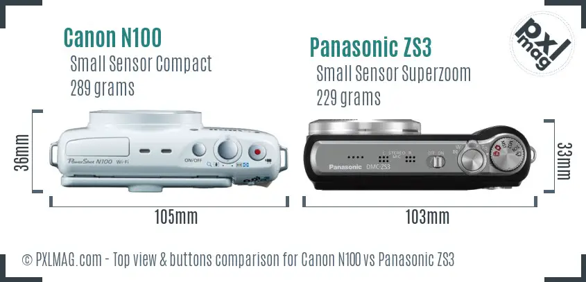 Canon N100 vs Panasonic ZS3 top view buttons comparison