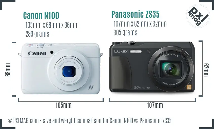 Canon N100 vs Panasonic ZS35 size comparison