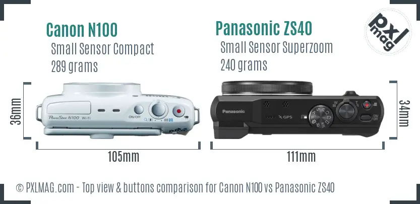 Canon N100 vs Panasonic ZS40 top view buttons comparison