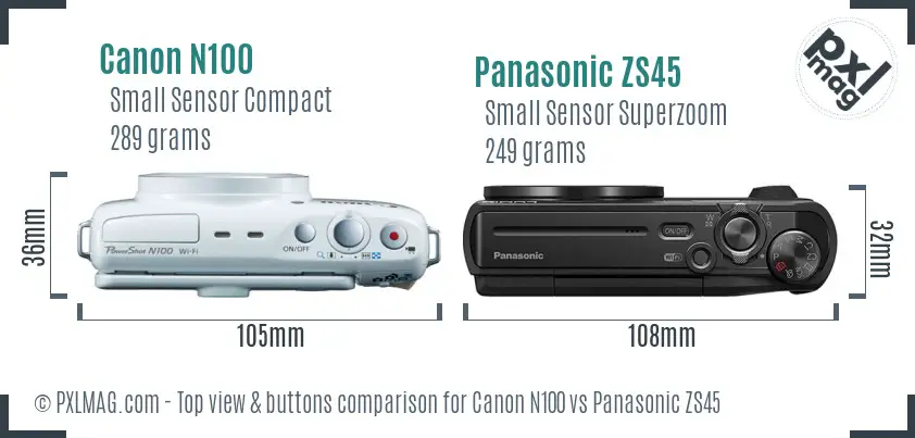 Canon N100 vs Panasonic ZS45 top view buttons comparison Canon N100 vs Panasonic ZS45 top view buttons comparison