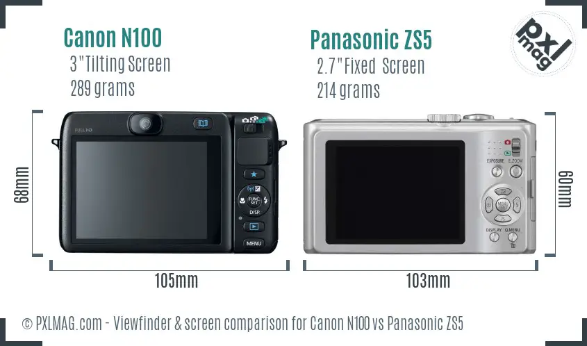 Canon N100 vs Panasonic ZS5 Screen and Viewfinder comparison