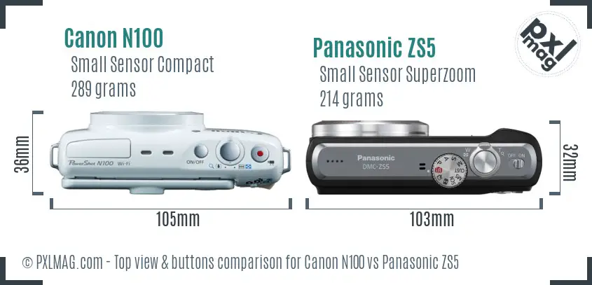 Canon N100 vs Panasonic ZS5 top view buttons comparison