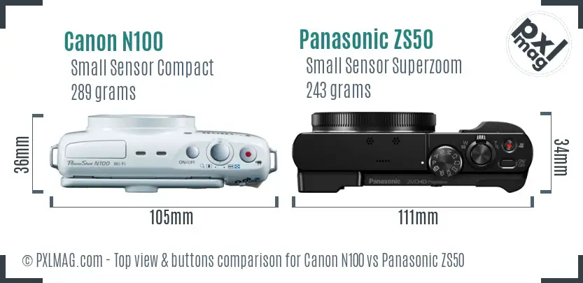 Canon N100 vs Panasonic ZS50 top view buttons comparison