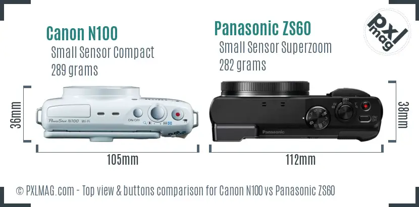 Canon N100 vs Panasonic ZS60 top view buttons comparison