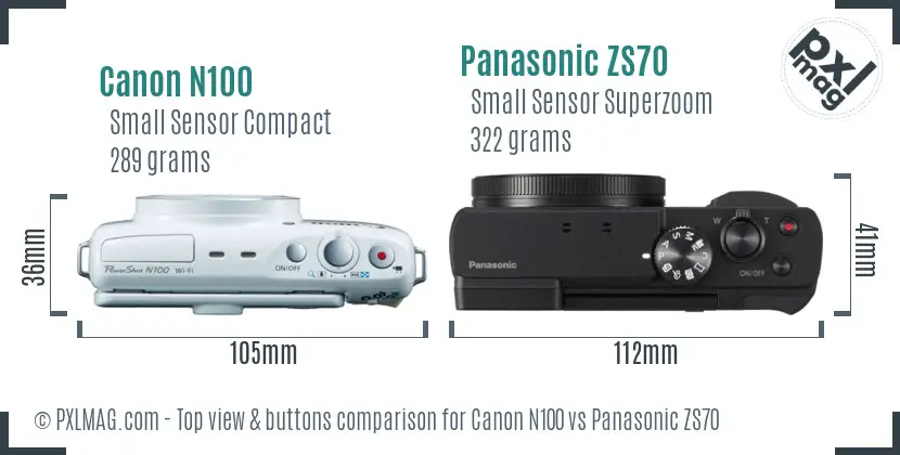 Canon N100 vs Panasonic ZS70 top view buttons comparison