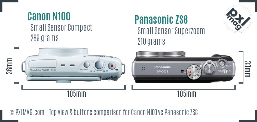 Canon N100 vs Panasonic ZS8 top view buttons comparison