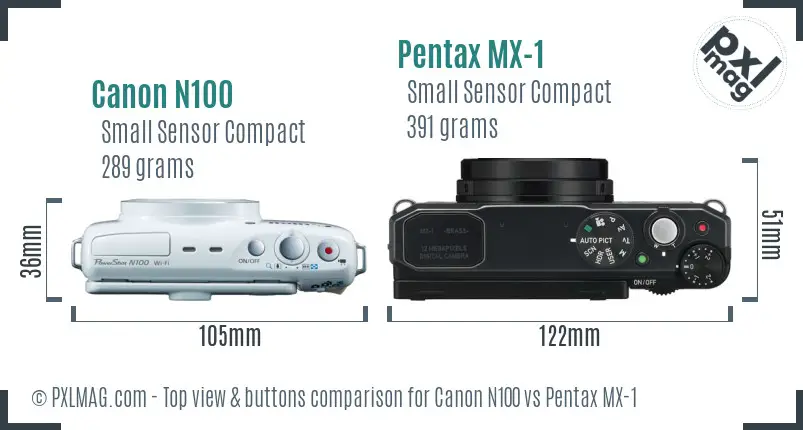 Canon N100 vs Pentax MX-1 top view buttons comparison