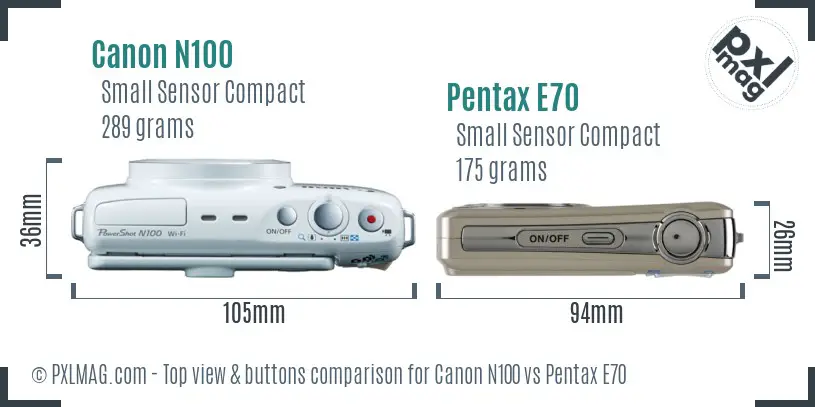Canon N100 vs Pentax E70 top view buttons comparison