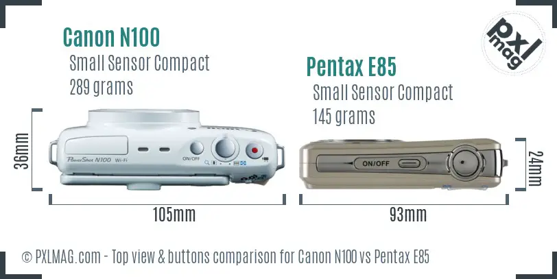 Canon N100 vs Pentax E85 top view buttons comparison Canon N100 vs Pentax E85 top view buttons comparison