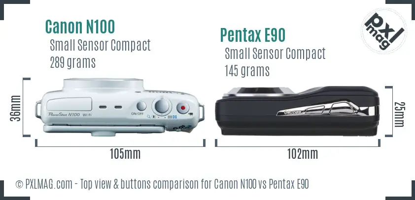 Canon N100 vs Pentax E90 top view buttons comparison