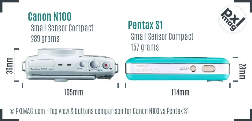 Canon N100 vs Pentax S1 top view buttons comparison