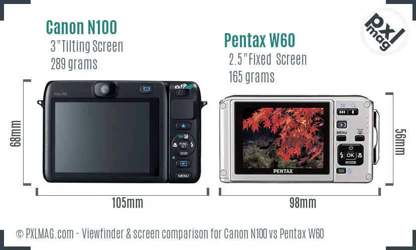Canon N100 vs Pentax W60 Screen and Viewfinder comparison