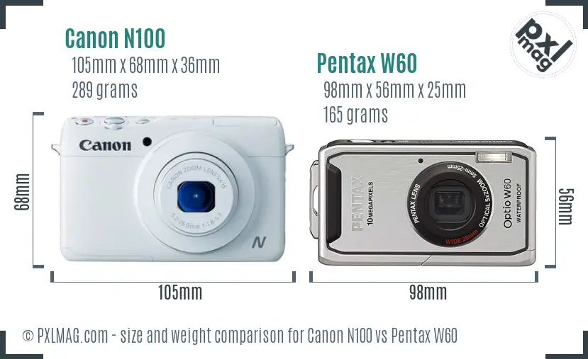 Canon N100 vs Pentax W60 size comparison