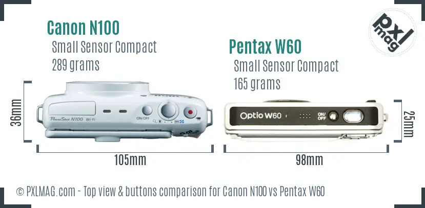 Canon N100 vs Pentax W60 top view buttons comparison