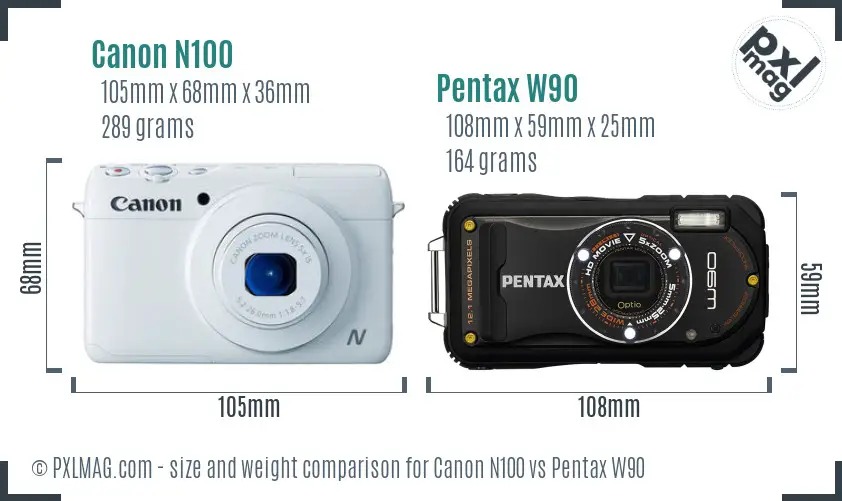 Canon N100 vs Pentax W90 size comparison