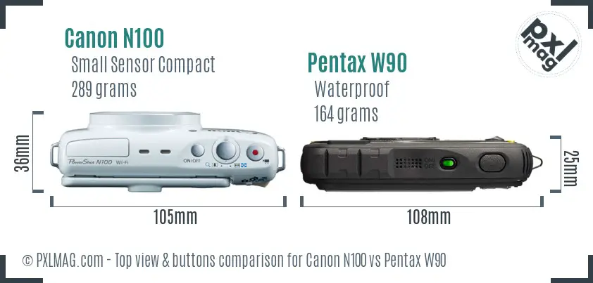 Canon N100 vs Pentax W90 top view buttons comparison