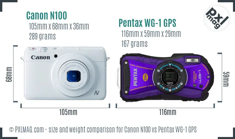 Canon N100 vs Pentax WG-1 GPS size comparison Canon N100 vs Pentax WG-1 GPS size comparison