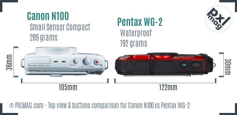 Canon N100 vs Pentax WG-2 top view buttons comparison