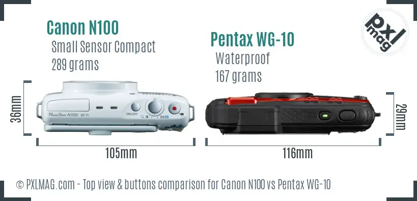 Canon N100 vs Pentax WG-10 top view buttons comparison Canon N100 vs Pentax WG-10 top view buttons comparison