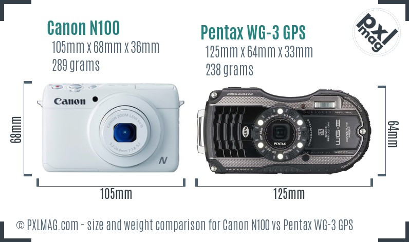 Canon N100 vs Pentax WG-3 GPS size comparison Canon N100 vs Pentax WG-3 GPS size comparison