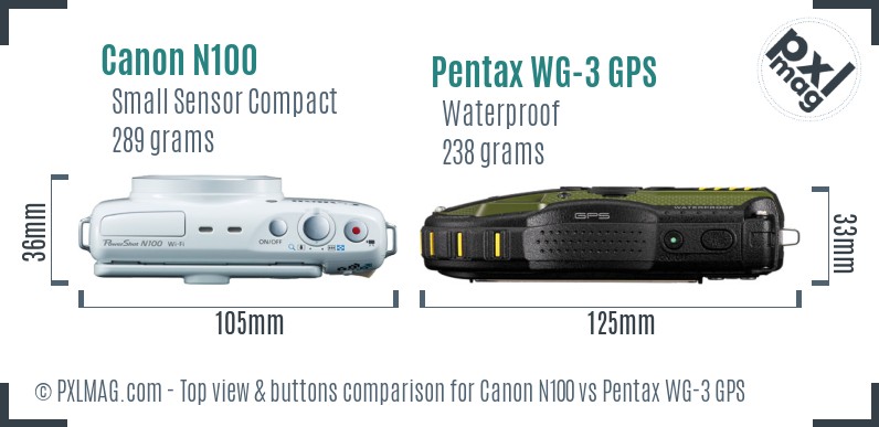 Canon N100 vs Pentax WG-3 GPS top view buttons comparison