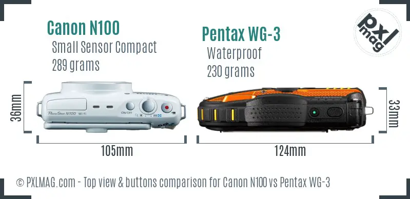 Canon N100 vs Pentax WG-3 top view buttons comparison
