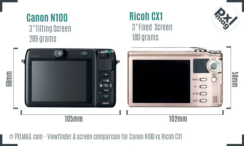 Canon N100 vs Ricoh CX1 Screen and Viewfinder comparison