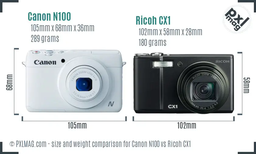 Canon N100 vs Ricoh CX1 size comparison