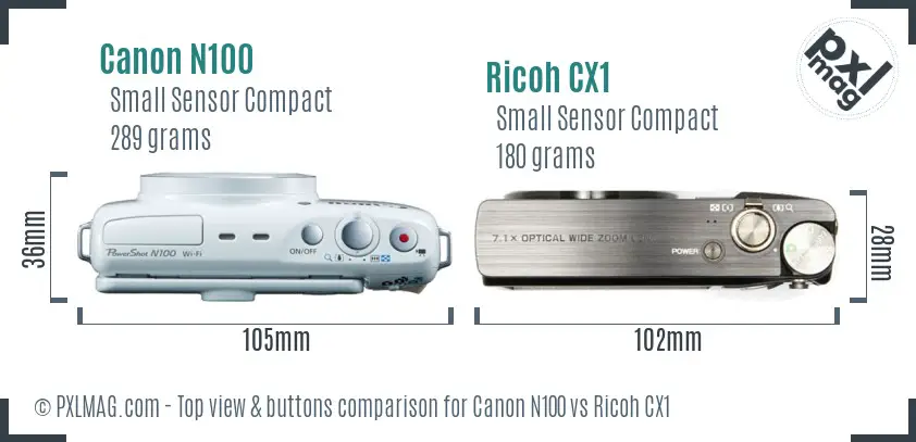 Canon N100 vs Ricoh CX1 top view buttons comparison