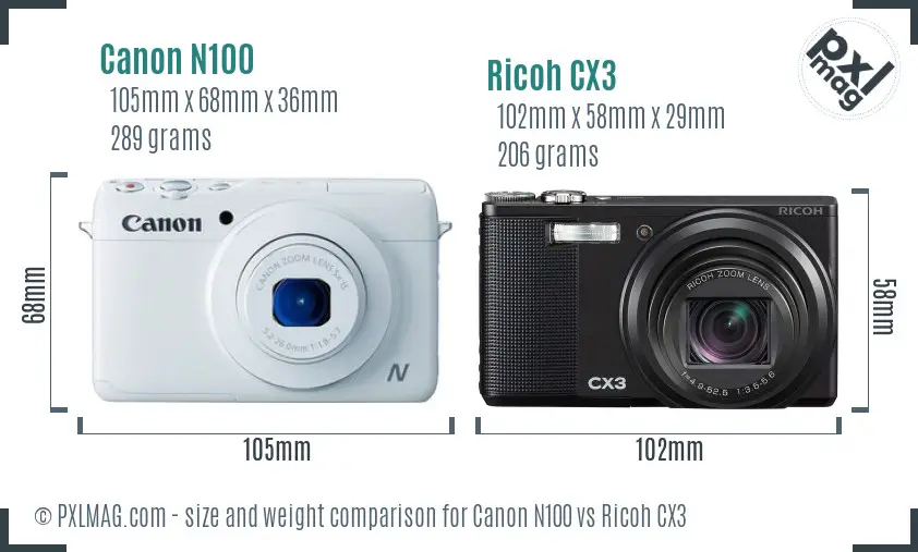 Canon N100 vs Ricoh CX3 size comparison Canon N100 vs Ricoh CX3 size comparison