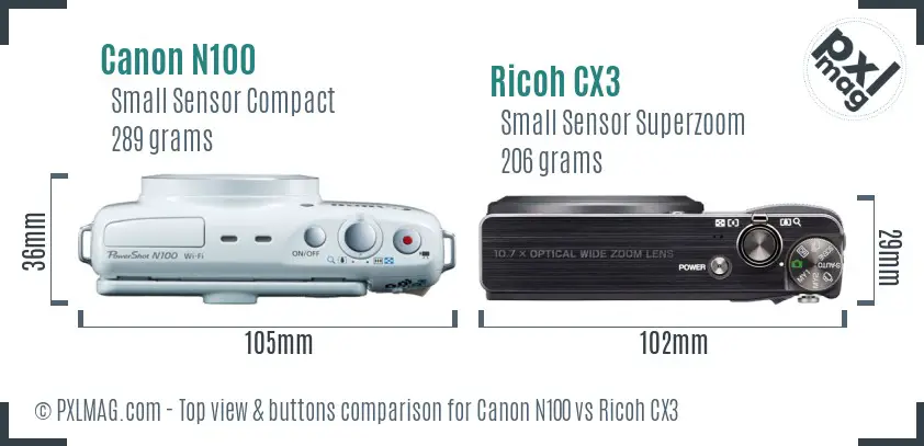 Canon N100 vs Ricoh CX3 top view buttons comparison Canon N100 vs Ricoh CX3 top view buttons comparison