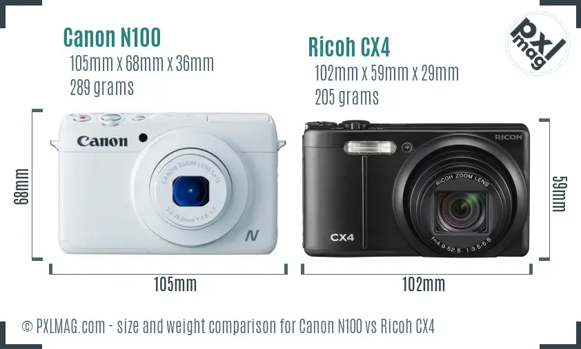 Canon N100 vs Ricoh CX4 size comparison