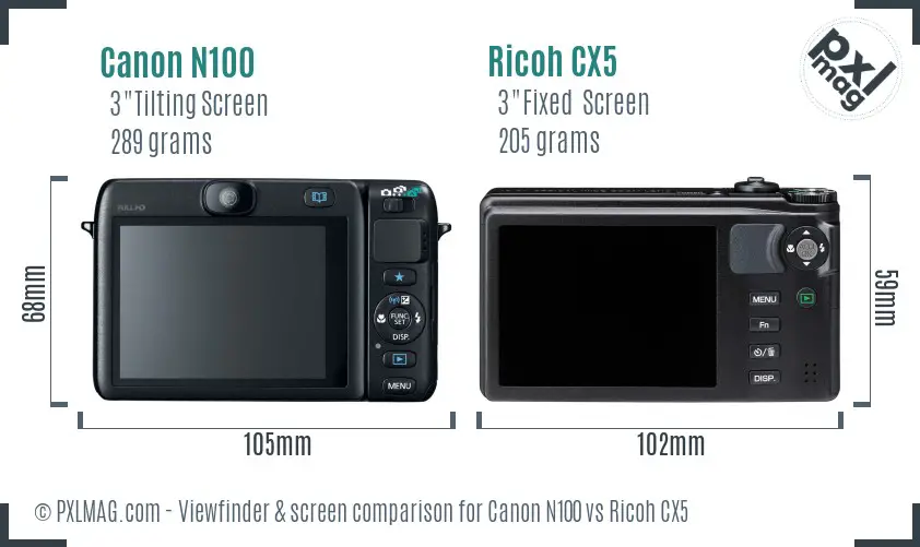 Canon N100 vs Ricoh CX5 Screen and Viewfinder comparison