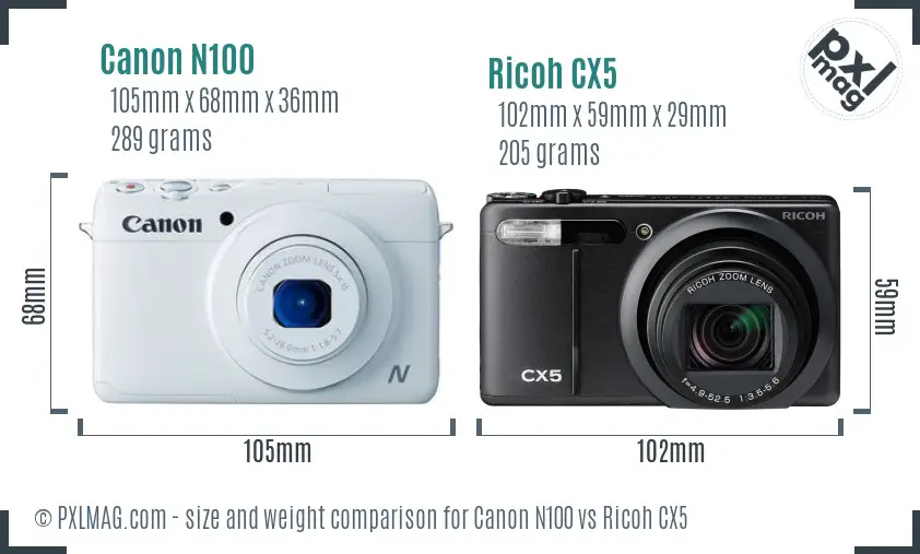 Canon N100 vs Ricoh CX5 size comparison