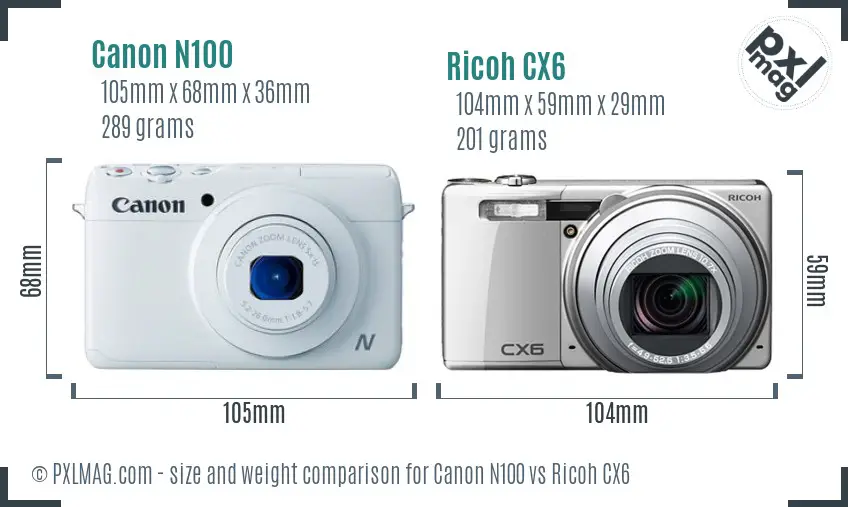 Canon N100 vs Ricoh CX6 size comparison Canon N100 vs Ricoh CX6 size comparison