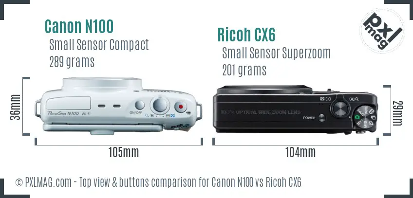 Canon N100 vs Ricoh CX6 top view buttons comparison Canon N100 vs Ricoh CX6 top view buttons comparison