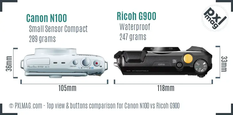 Canon N100 vs Ricoh G900 top view buttons comparison