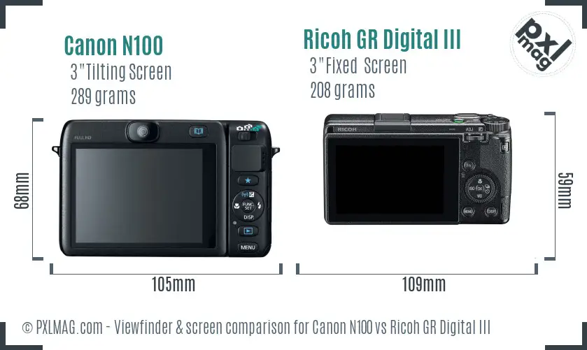 Canon N100 vs Ricoh GR Digital III Screen and Viewfinder comparison