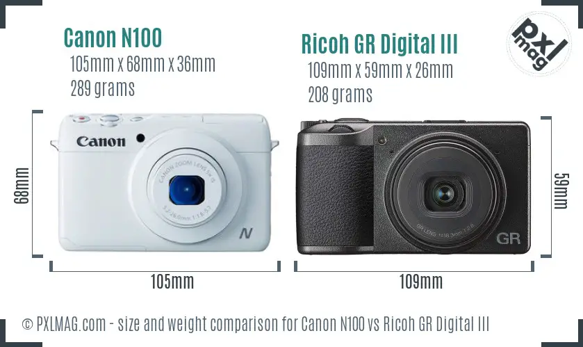 Canon N100 vs Ricoh GR Digital III size comparison