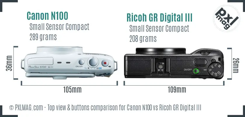 Canon N100 vs Ricoh GR Digital III top view buttons comparison