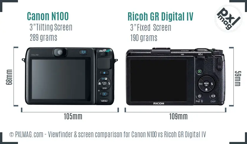 Canon N100 vs Ricoh GR Digital IV Screen and Viewfinder comparison