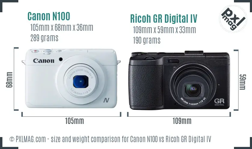 Canon N100 vs Ricoh GR Digital IV size comparison