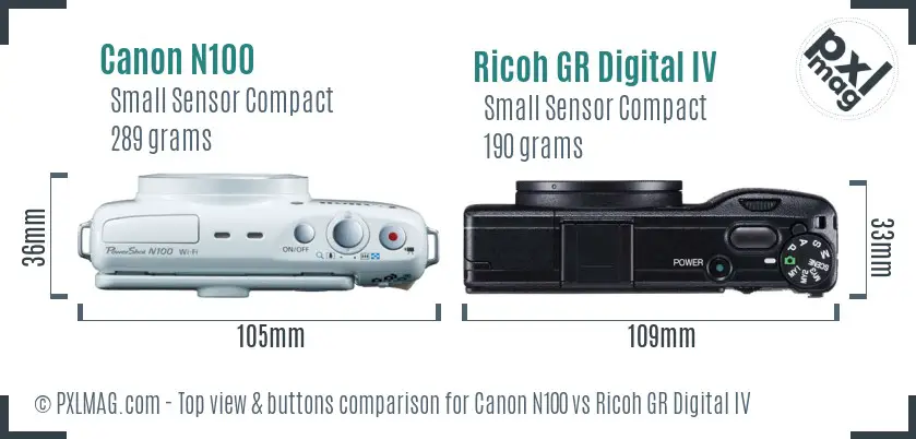 Canon N100 vs Ricoh GR Digital IV top view buttons comparison