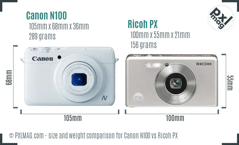 Canon N100 vs Ricoh PX size comparison