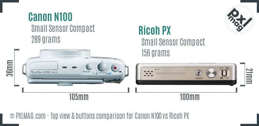 Canon N100 vs Ricoh PX top view buttons comparison
