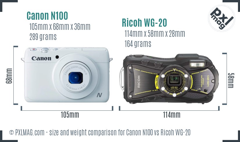Canon N100 vs Ricoh WG-20 size comparison